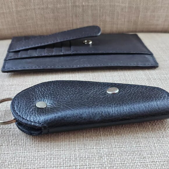 Long Wallet and Keychain Black Genuine Leather Card Holder Keys Holder Fob - Picture 3 of 11